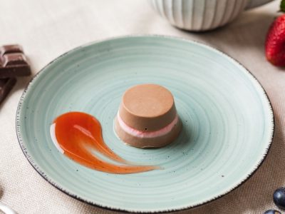 pureed chocolate strawberry kiss on a plate