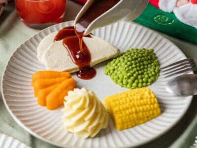 roast turkey meal with vegetables and traditional gravy on a plate
